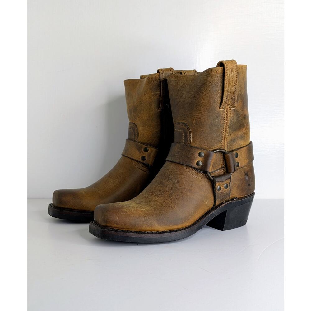 Frye Harness 8R Boots 6.5 Dark Brown Cognac Leather Square Toe Moto USA Box
